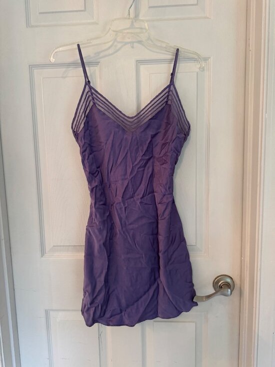 Victoria's Secret Other - Victorias Secret Purple Silk Slip Chemise Dress Mesh Stripe Inlay Lingerie MED